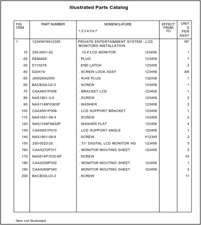Illustrated Parts Catalog data table with part numbers and nomenclature